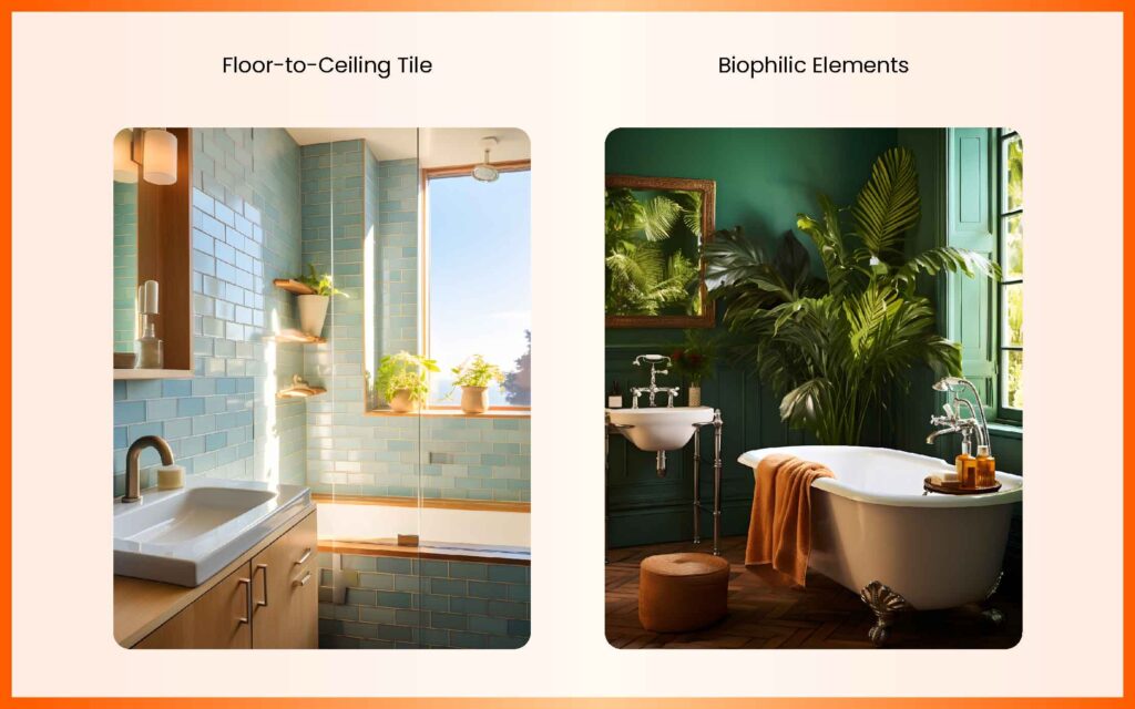 floor-to-ceiling tile + biophilic elements as bathroom decor ideas