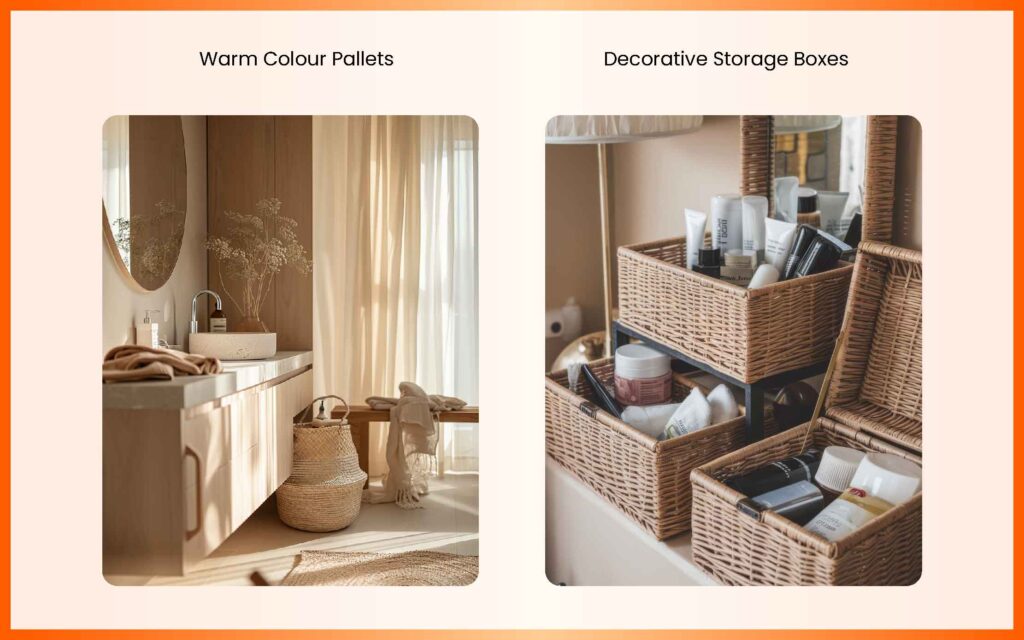 Warm color pallets + decorative storage boxes for the bathroom 