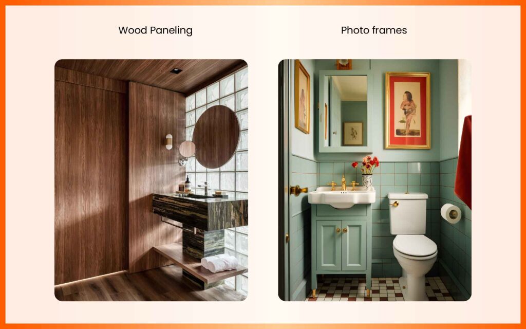 wood paneling and photo frames in bathrooms 